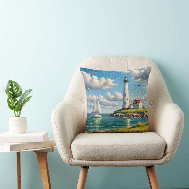 White Lighthouse With Sailboat Throw Pillow (Chair)