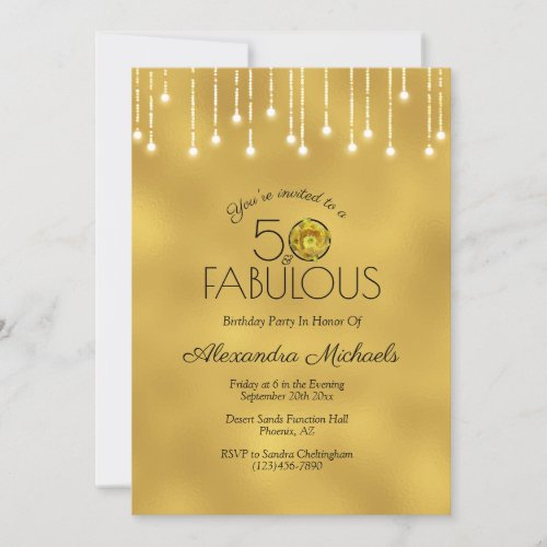 White Lights Faux Metallic Gold Cactus 50 Fabulous Invitation
