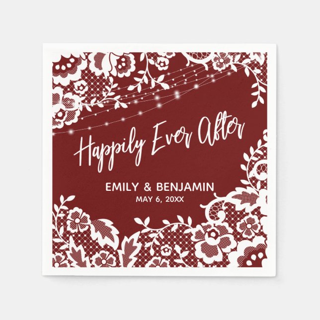 White Lights & Lace Happily Ever After Dark Red Napkins (Front)