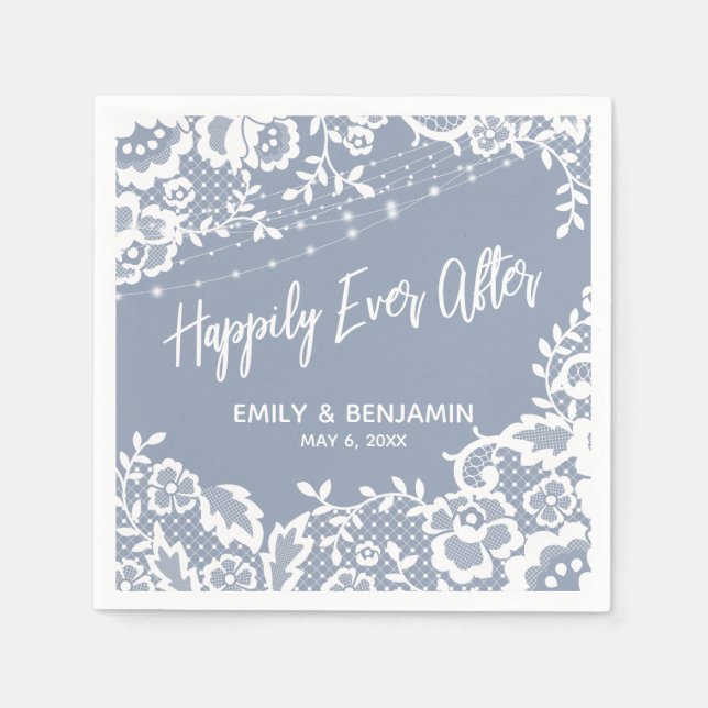 White Lights Lace Happily Ever After Dusty Blue Napkins (Front)