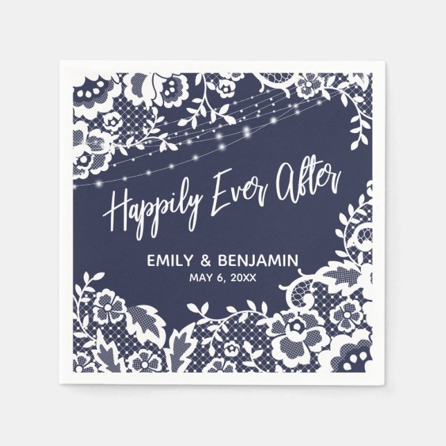 White Lights Lace Happily Ever After Navy Blue Napkins (Front)