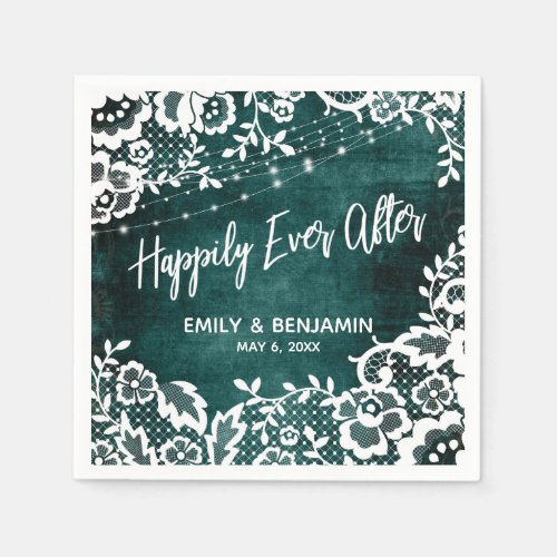 White Lights  Lace Rustic Teal Happily Ever After Napkins