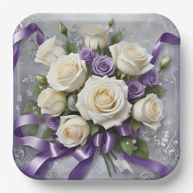 White, lilac roses bouquet, white ribbons paper plates (Front)