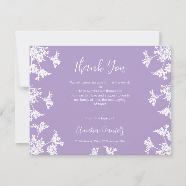 White & lilac Wildflower Funeral Thank You Card (Front)