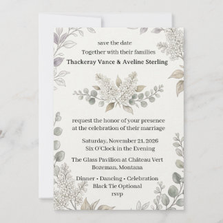White Lilacs, Eucalyptus Foliage, Botanical Line A Invitation