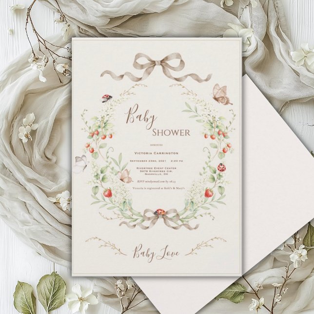 White Lilacs Whimsical Vintage Ribbon Baby Shower Invitation (Creator Uploaded)