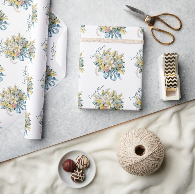 White Lilies and Blue Ribbon Wedding Bouquet Wrapping Paper (Crafts)