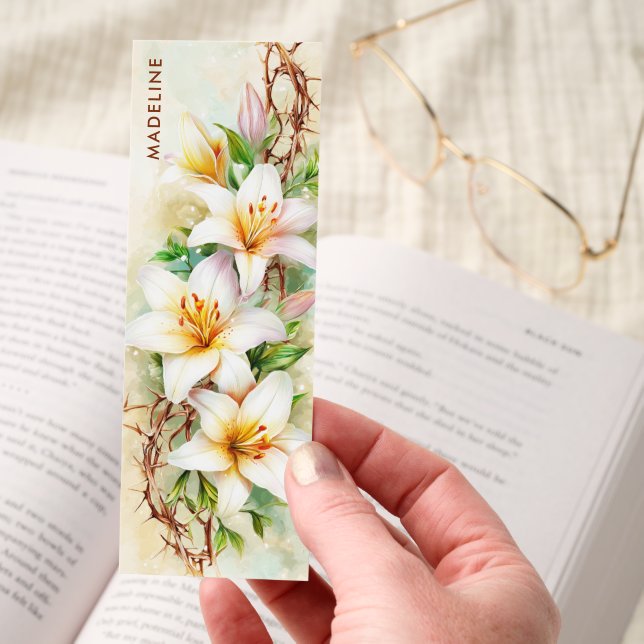 White Lilies And Thorns Personalized Christian Bookmarks (Hand)