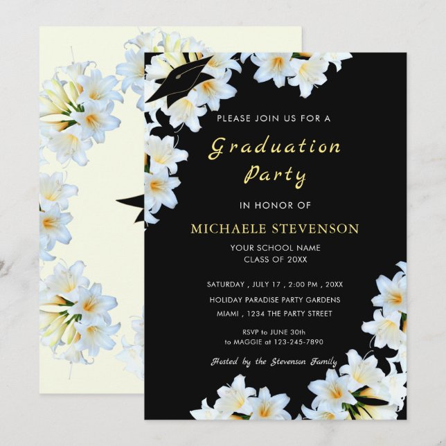 White Lilies Black Graduation Invitation Template (Front/Back)