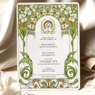 White Lilies & Daffodils Art Nouveau Wedding Invitation