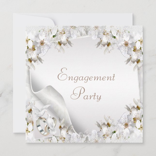 White Lilies, Doves & Wedding Bands Engagement Invitation (Front)