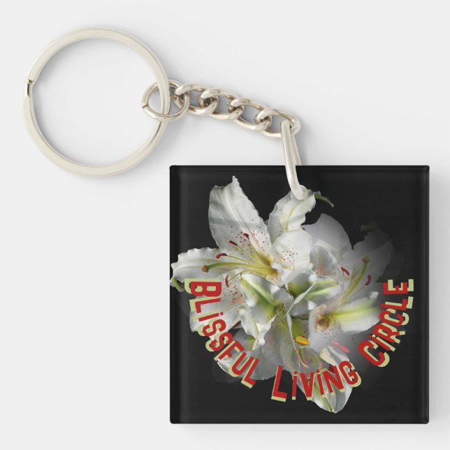 White Lilies Fantasy Blissful Living Circle Keychain (Front)