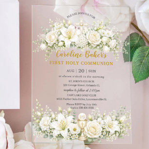 White Lilies Floral First Holy Communion Chalice Acrylic Invitations