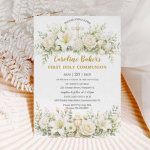 White Lilies Floral First Holy Communion Chalice Invitation