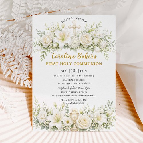 White Lilies Floral First Holy Communion Chalice Invitation
