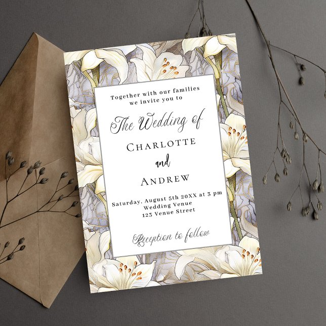 White lilies florals silver retro wedding invitation (Creator Uploaded)