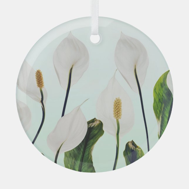 White Lilies Flowers Blue Seamless Glass Ornament (Front)