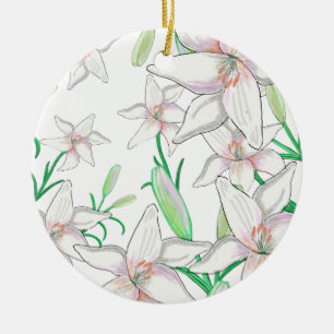 White Lilies Illustration Ceramic Ornament