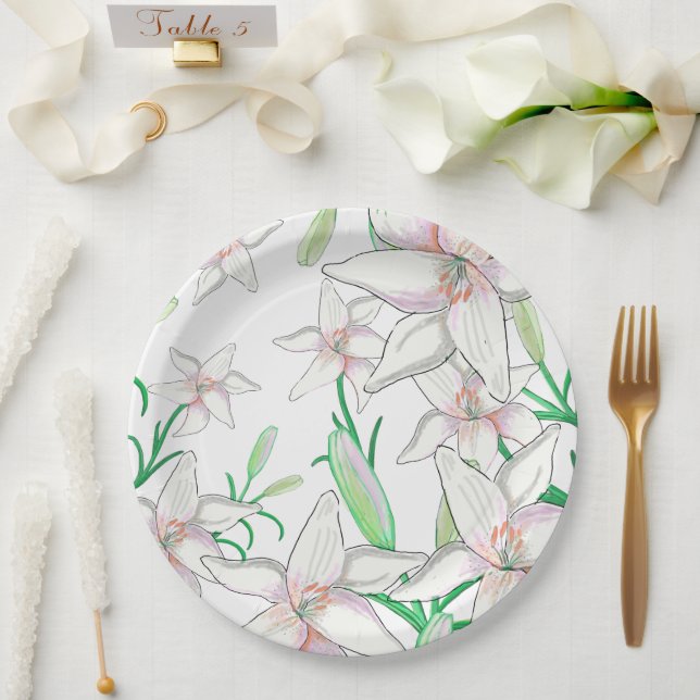 White Lilies Illustration Paper Plates (Wedding)