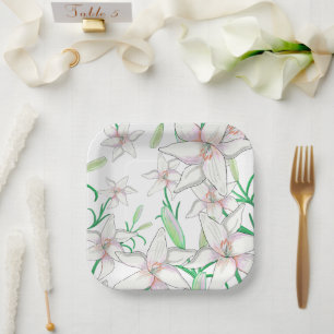 White Lilies Illustration Paper Plates