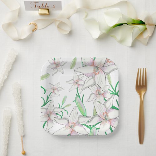 White Lilies Illustration  Paper Plates
