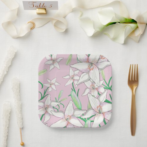 White Lilies Illustration Pink Paper Plates