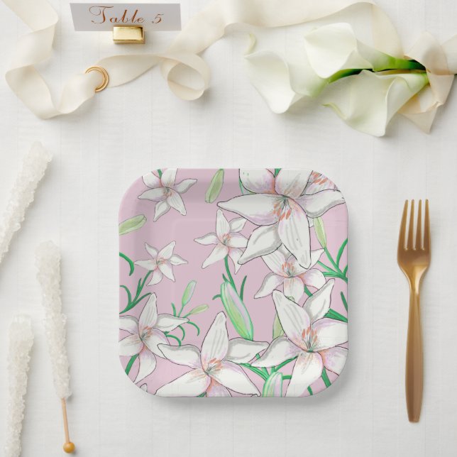 White Lilies Illustration Pink Paper Plates (Wedding)
