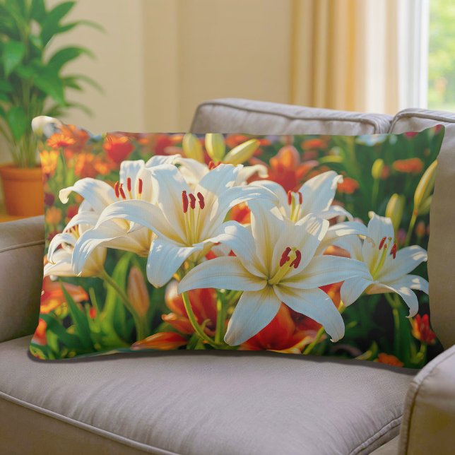 White Lilies Lumbar Pillow (Lumbar pillow with white lilies)