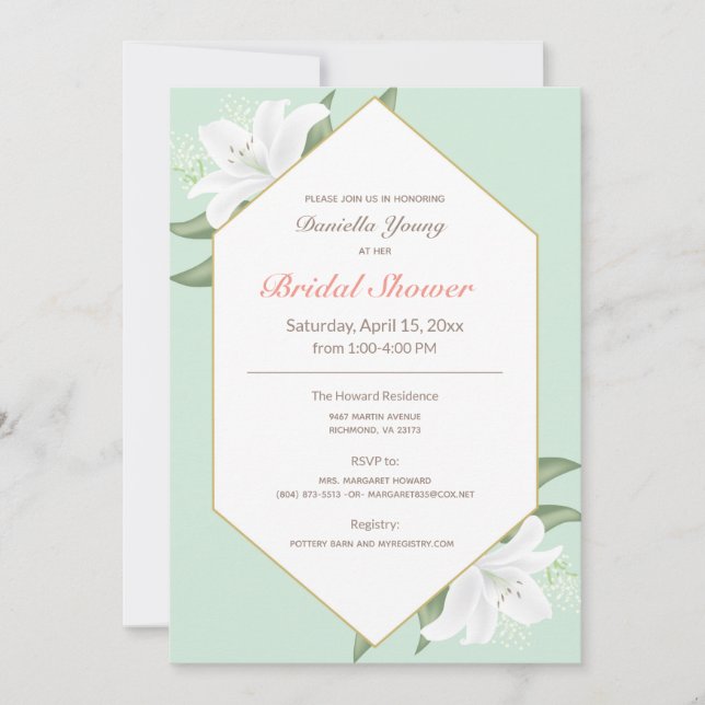 White Lilies & Mild Mint Bridal Shower Invite (Front)
