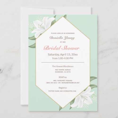 White Lilies  Mild Mint Bridal Shower Invite