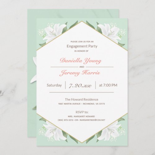 White Lilies  Mild Mint Engagement Party Invitation