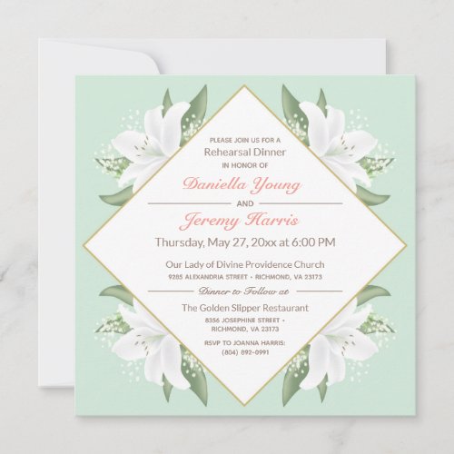 White Lilies  Mild Mint Rehearsal Dinner Invite