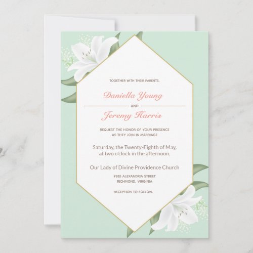 White Lilies  Mild Mint Wedding Invitation