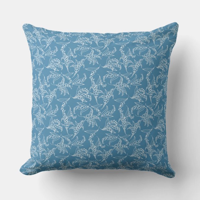White Lilies-of-the-Valley on Blue Throw Pillow (Front)