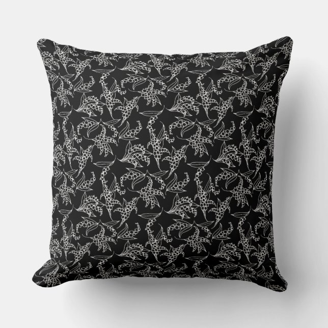 White Lilies-of-the-Valley Pattern on Black Throw Pillow (Front)