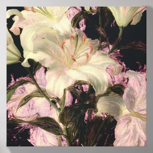 White Lilies on a Dark Background Floral Art Canvas Photo Tile