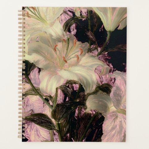 White Lilies on a Dark Background Floral Art Planner