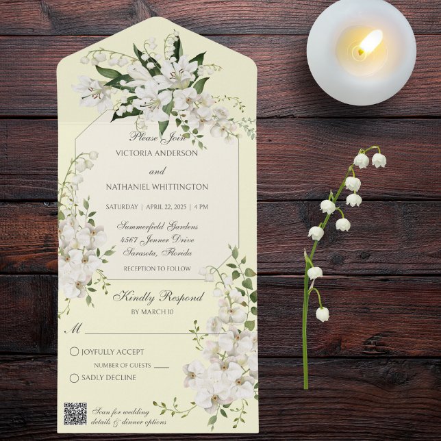 White Lilies on Pale Yellow with QR Code  All In One Invitation (Also available without QR code. )