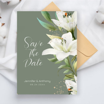White Lilies On Smokey Green Background  Save The Save The Date by gogaonzazzle at Zazzle