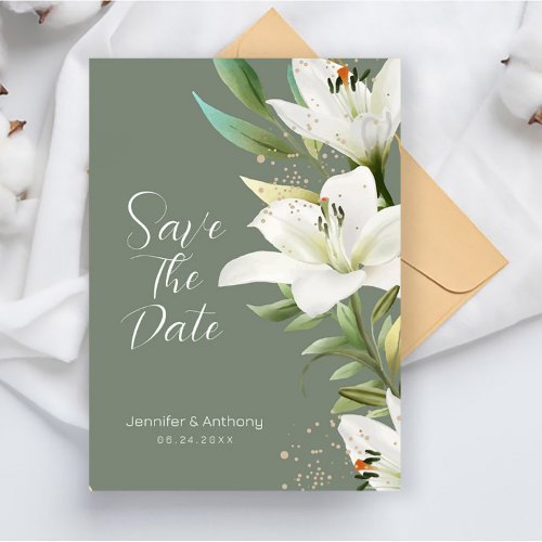 White Lilies on Smokey Green Background  Save The Save The Date