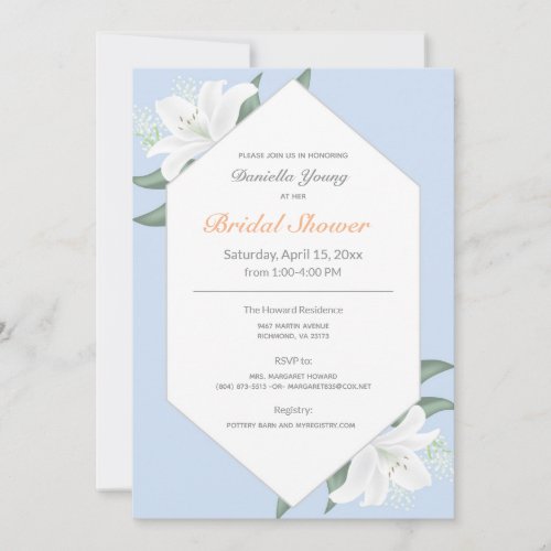 White Lilies  Powder Blue Bridal Shower Invite