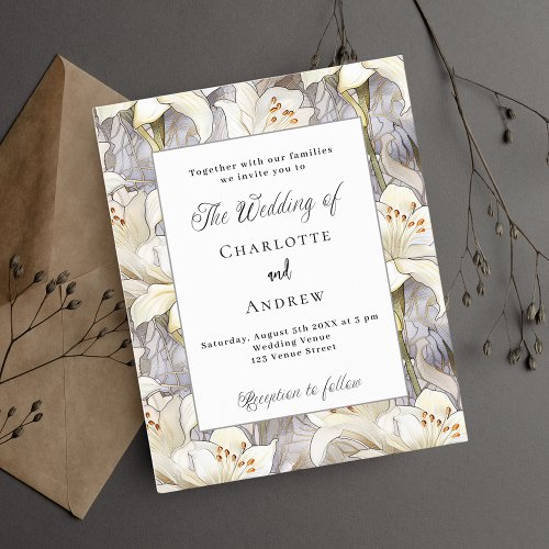 White lilies silver budget wedding invitation flyer