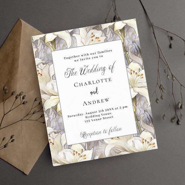 White lilies silver floral wedding invitation (Creator Uploaded)