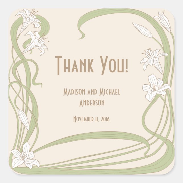 White Lilies Thank You Square Sticker (Front)