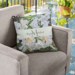 White Lilies Wedding Couple Monogram Floral Throw Pillow
