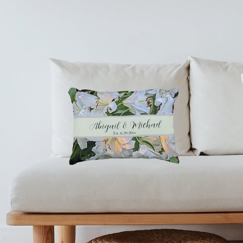 White Lilies Wedding Couple Names Floral Accent Pillow