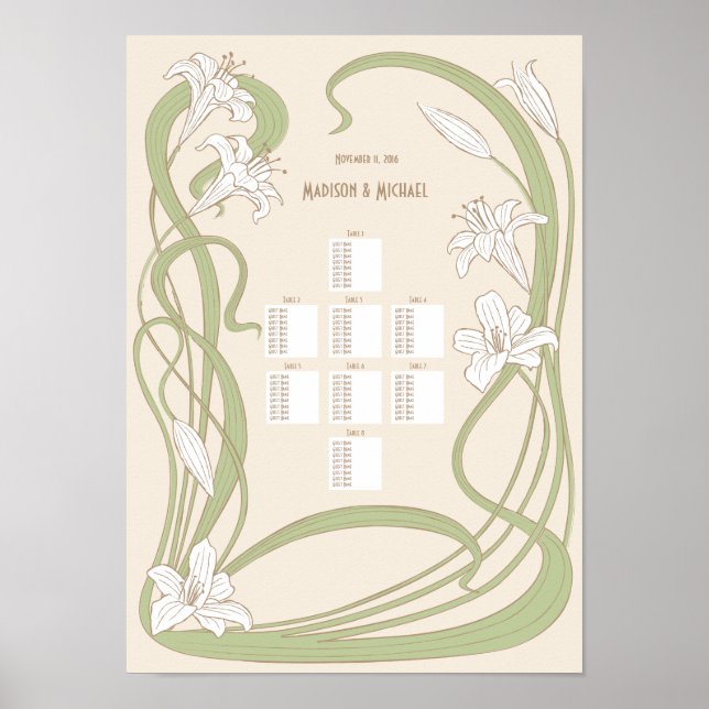 White Lilies Wedding Seating Chart 8 Tables (Front)