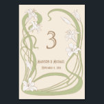 White Lilies Wedding Table Card<br><div class="desc">Wedding Table cards with an art nouveau inspired design,  featuring white lilies with green leaves,  forming an organic flowing frame around your custom text,  on a beige background.</div>