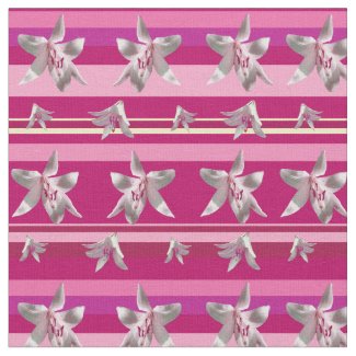 White Lilium Flowers & Stripes Fabric