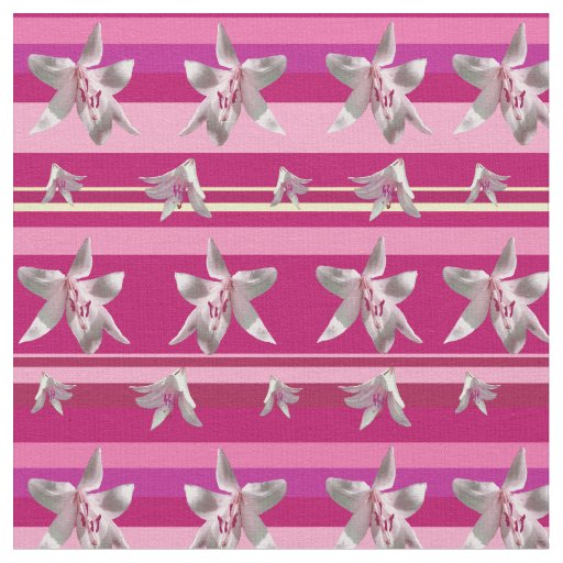 White Lilium Flowers & Stripes  Fabric